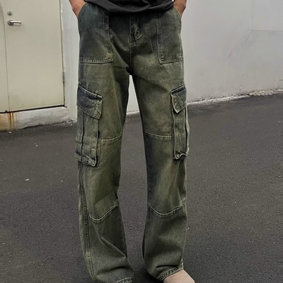 本源ULTISO 复古水洗工装牛仔裤直筒宽松多口袋休闲百搭长裤