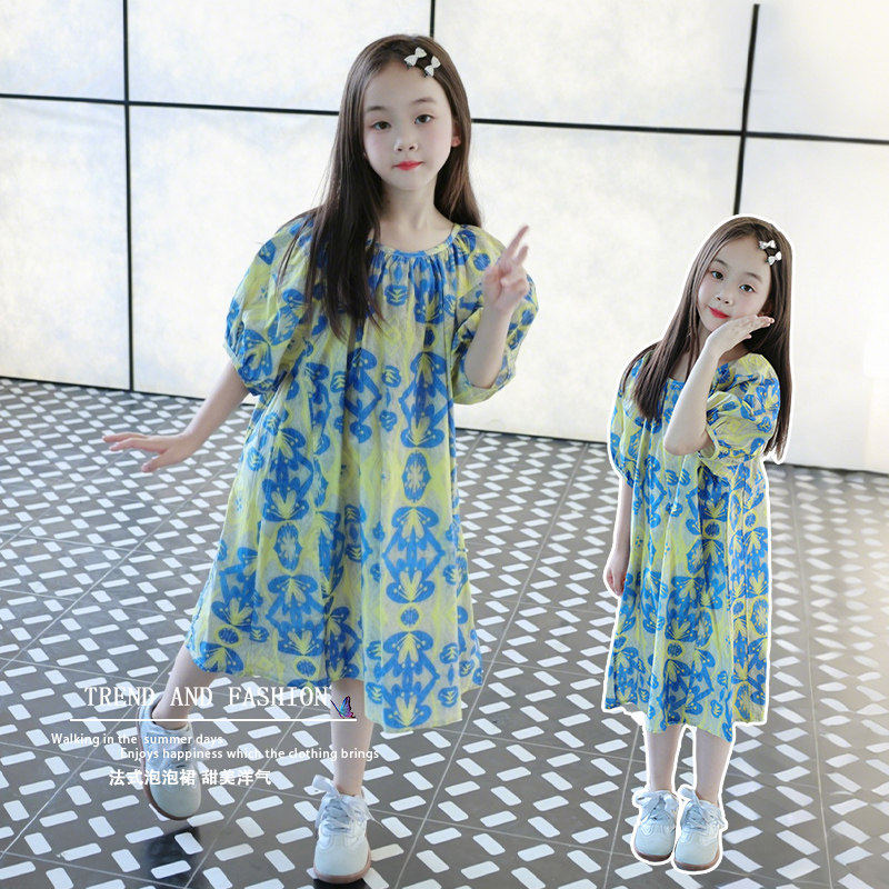 泡泡袖女童夏装2025新款纯棉洋气时髦沙滩裙子女孩大童连衣裙宽松