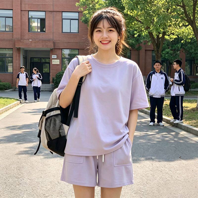 跨境韩系夏季新款纯色休闲运动套装女宽松简约短袖短裤时尚两件套