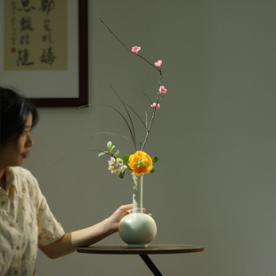 宋式美学禅意天球瓶景德镇陶瓷精致小花瓶茶室茶桌花器中式长颈瓶