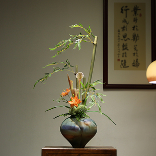 新中式侘寂风陶瓷花瓶摆件复古艺术造型禅意竹子插花茶室酒店装饰