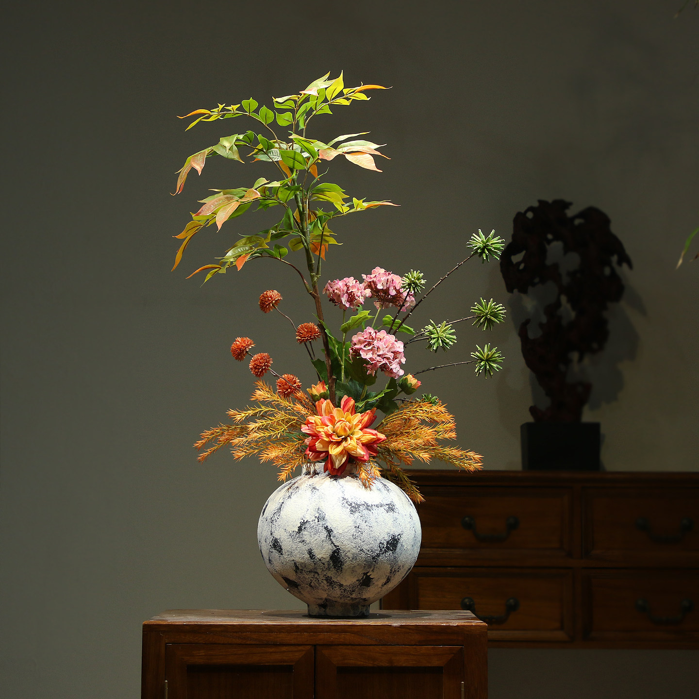 新中式陶瓷花瓶仿真南天竹漆树插花客厅玄关桌摆件酒店民宿装饰品