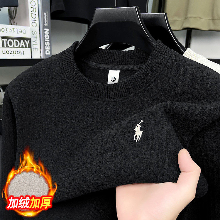 汤米希凯利男装圆领加绒加厚卫衣男套头保暖针织衫中老年LOGO上衣