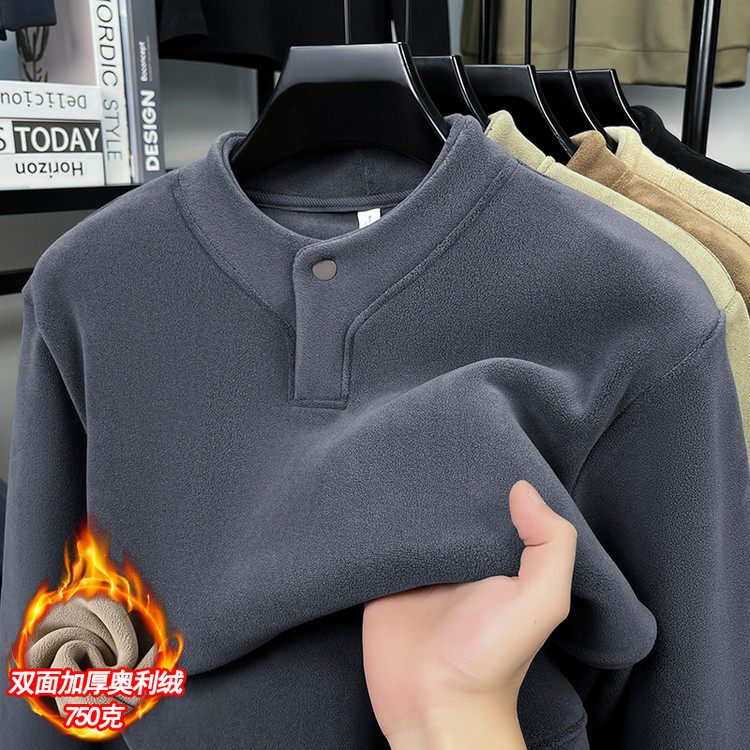 汤米希凯利中老年男装圆领纯色套头卫衣加绒保暖休闲百搭上衣小衫