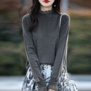 春秋2025新款 女装 宽松羊毛针织上衣内搭毛衣 半高领蕾丝打底衫 大码