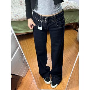 美式双腰扣不贴腿微喇牛仔裤女春季新款小众显瘦百搭低腰直筒裤子