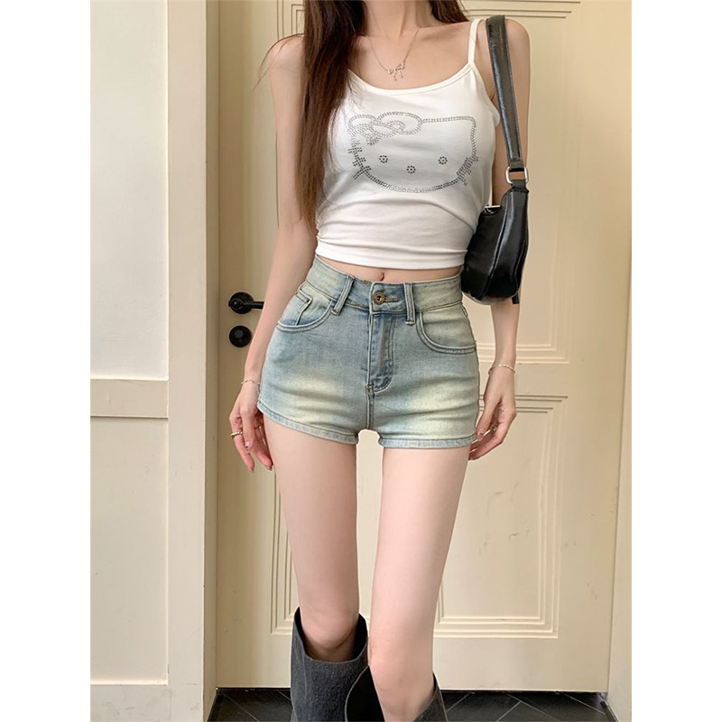 做旧浅色牛仔短裤女夏季复古高腰休闲直筒裤子辣妹超显瘦修身热裤