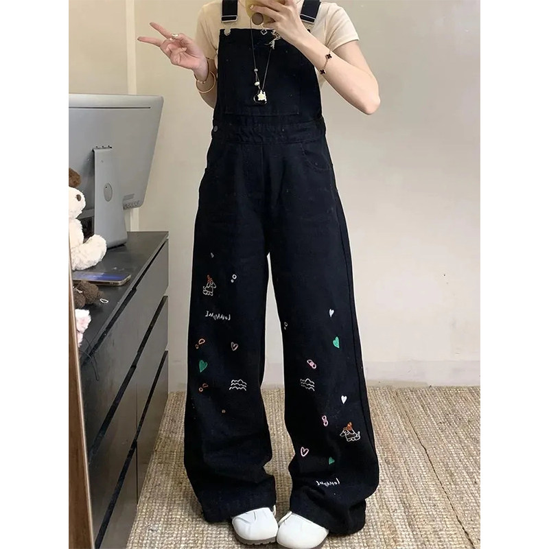 黑色重工刺绣2025春夏季新款背带裤女美式复古设计感直筒连体裤子