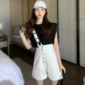 中裤 欧洲站白色背带五分牛仔裤 单肩斜肩阔腿短裤 时尚 女2023年新款