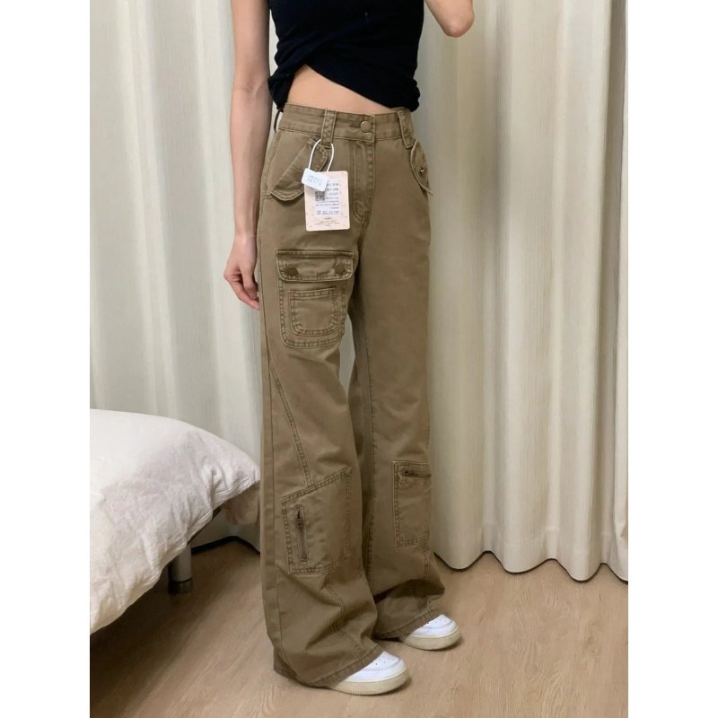 设计感卡其色工装微喇叭工装牛仔裤子女秋冬高腰显瘦多口袋拖地裤