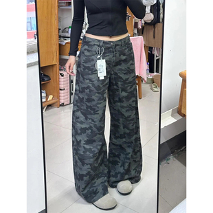 女冬季 美式 牛仔褲 復(fù)古辣妹寬松直筒顯瘦拖地闊腿褲 高腰迷彩工裝 子