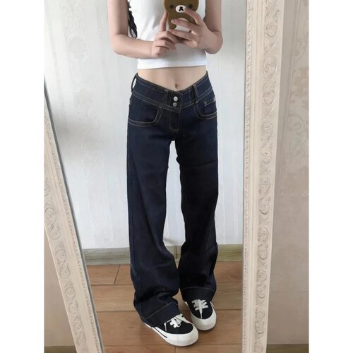 美式双腰扣设计感不贴腿宽松阔腿牛仔裤女春季新款休闲显瘦微喇裤