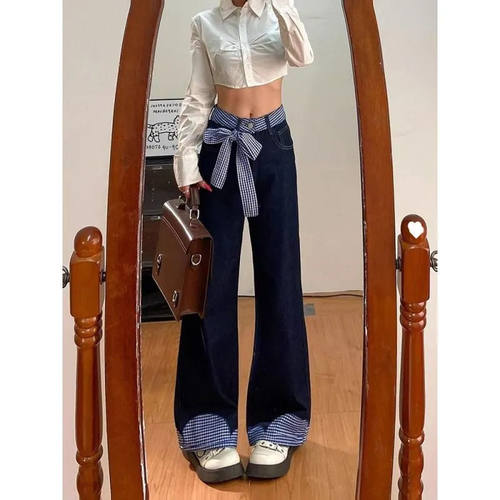 蝴蝶结绑带格子拼接牛仔裤阔腿新款美式设计春季高腰宽松拖地裤子