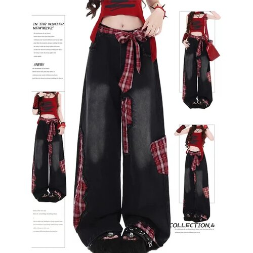 黑色蝴蝶结绑带拼接牛仔裤女2025年秋季格子补丁设计宽松阔腿裤子