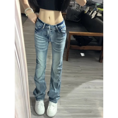 美式辣妹低腰显腿直窄版直筒牛仔裤女秋季新款修身显瘦百搭长裤子