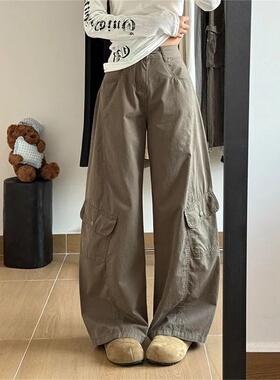 灰绿色复古工装阔腿牛仔裤女美式高腰宽松显瘦百搭弯刀拖地长裤子