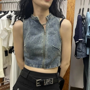 马甲上衣 美式 甜辣妹polo领牛仔背心女夏季 纯欲设计感修身 性感短款