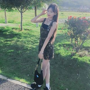 豹纹牛仔背带宽松减龄显瘦背带裤 2025年短裤 辣妹新款 复古美式 夏季