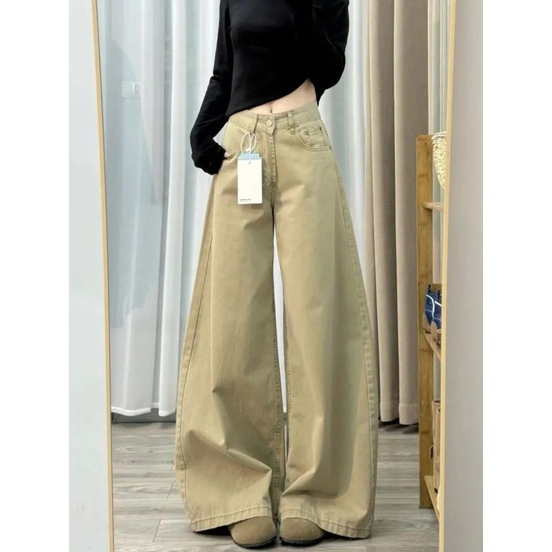 2026年复古水洗卡其色高腰阔腿牛仔裤女休闲垂感宽松显瘦直筒长裤,女装/女士精品,牛仔裤,淘宝优惠券,粉丝福利购,淘宝优惠卷