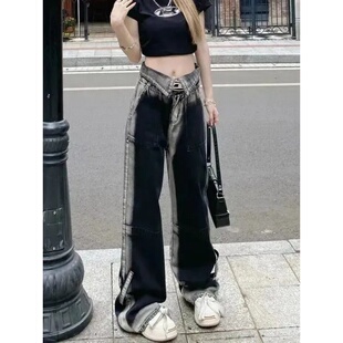 美式 女秋季 2023垂感高街设计感直筒辣妹拖地裤 黑色翻边阔腿牛仔裤