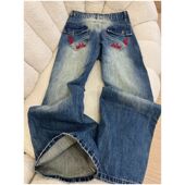 重工水洗烫钻宽松休闲百搭裤 新款 女春季 独特设计感刺绣阔腿牛仔裤