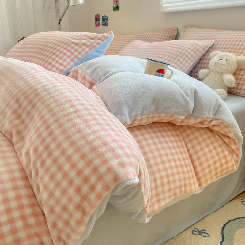 恒源祥牛奶绒小清新拼色四件套床单床笠款双人秋冬加绒床上用品