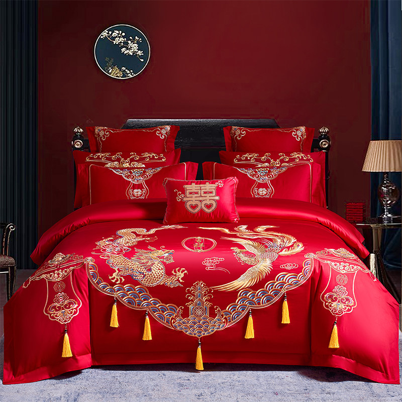 恒源祥60s长绒棉大红色龙凤刺绣婚庆四件套婚礼陪嫁被套床单枕套
