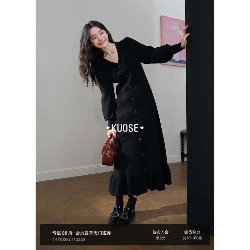 阔色黑色大衣内搭连衣裙25秋冬季新款女针织毛衣裙打底赫本长裙子,女装/女士精品,连衣裙,淘宝优惠券,粉丝福利购,淘宝优惠卷