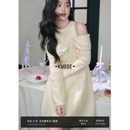 毛衣裙温柔短裙子 女装 阔色一字肩连衣裙露肩挂脖裙2025秋冬季 新款