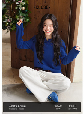 阔色蓝色polo领针织衫内搭毛衣打底衫短款25秋冬季新款女翻领上衣