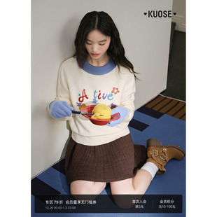 杏色休闲软糯长袖 新款 毛衣 上衣女25秋冬季 阔色撞色圆领刺绣针织衫