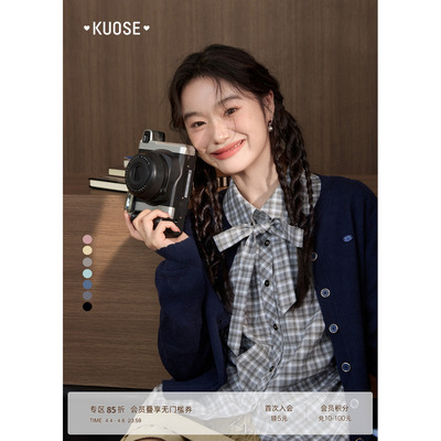 蓝色蝴蝶结格子衬衫收腰衬衣