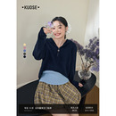 新款 闊色藏藍連帽罩衫 毛衣背心兩件套裝 25秋季 短上衣 女吊帶針織衫