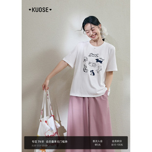 阔色可爱猫狗宠物印花正肩t恤女2026春季 纯棉休闲白色上衣秋 新款