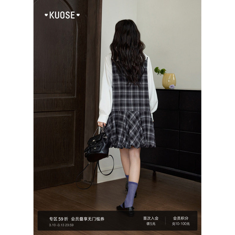 阔色深灰色格纹背心连衣裙叠穿短款女2025秋冬季新款无袖花苞短裙