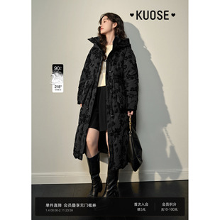 阔色黑色丝绒碎花连帽羽绒服长款2024秋冬季新款女装上衣国风外套