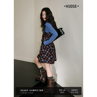 阔色复古格子挂脖无袖连衣裙女2025秋冬季新款v领蝴蝶结a字短裙子