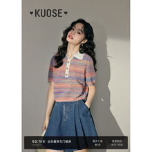 阔色彩虹条纹衫针织T恤25夏季女新款翻领polo衫正肩短袖上衣短款