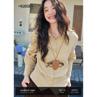 叠穿搭新款 衬衣内搭25秋冬季 女棕色上衣 长袖 阔色黄色翻领收腰衬衫