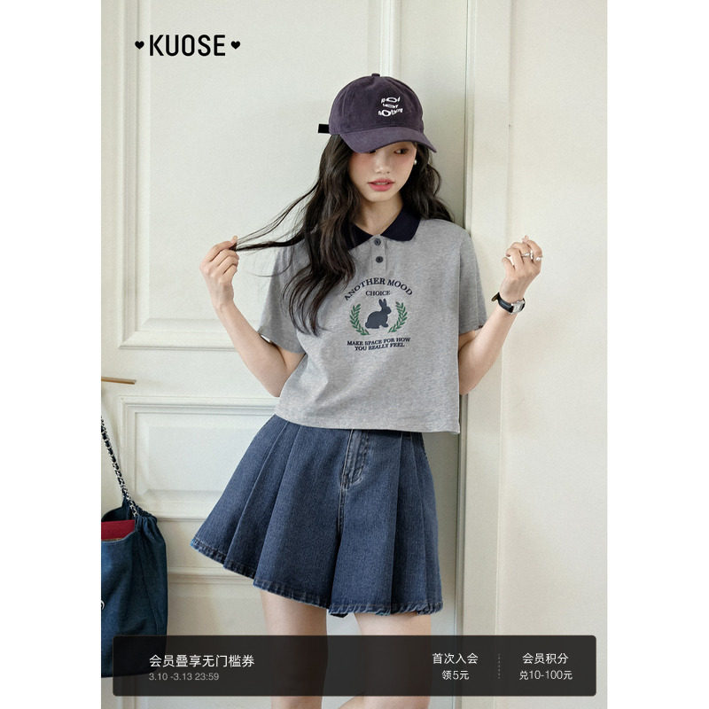 阔色美式兔子印花短袖纯棉t恤女2026春秋新款灰色polo领短款上衣