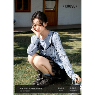 女气质上衣 新款 阔色蓝色波点碎花吊带假两件t恤长袖 宽松26春秋季