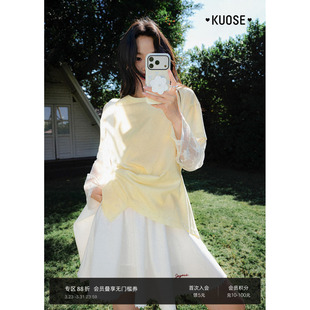 设计感穿搭女装 新款 上衣 t恤薄2026春秋季 阔色黄色假两件蕾丝长袖