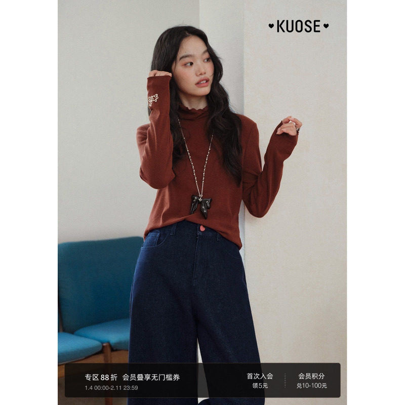 阔色红色半高领针织衫t恤女2025秋冬季新款刺绣内搭打底长袖上衣