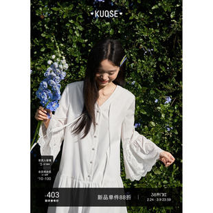 阔色荷叶边镂空刺绣长袖衬衫连衣裙女2026春秋新款法式白色短裙子