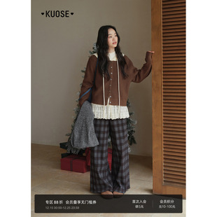 长裤 阔色复古格纹直筒阔腿裤 深棕色拖地休闲裤 新款 子女2025秋冬季