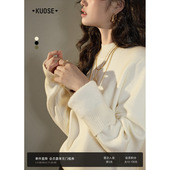 阔色白色半高领加绒毛衣针织衫 宽松内搭打底衫 女2025秋冬季 新款