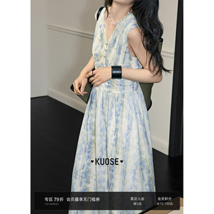阔色v领收腰无袖 a字气质长裙海边穿搭 背心连衣裙子女2025新款 夏季