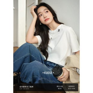 阔色白色玫瑰刺绣短袖t恤内搭打底衫26春季新款女宽松上衣纯棉秋