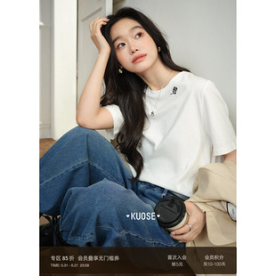 阔色白色玫瑰刺绣短袖t恤内搭打底衫2026夏季新款女宽松上衣纯棉
