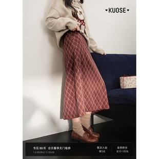 阔色红色格子裙a字裙长半裙25秋冬季过年穿搭配女高腰半身裙子新